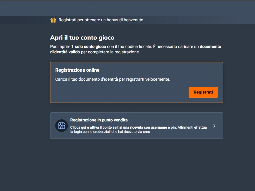 Schermata desktop con opzioni per registrazione online o attivazione in punto vendita BigCasino