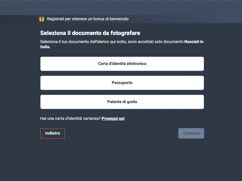 Schermata desktop con opzioni di documento e pulsante Continua non ancora attivo