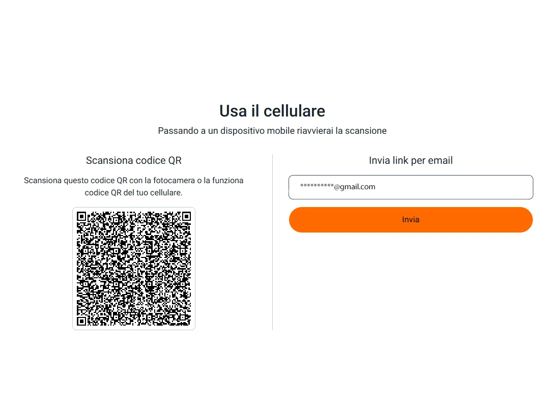Schermata desktop con codice QR, indirizzo email mascherato e pulsante Invia