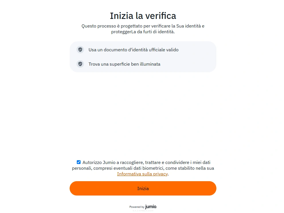 Schermata mobile con consenso Jumio e pulsante Inizia per la scansione del documento